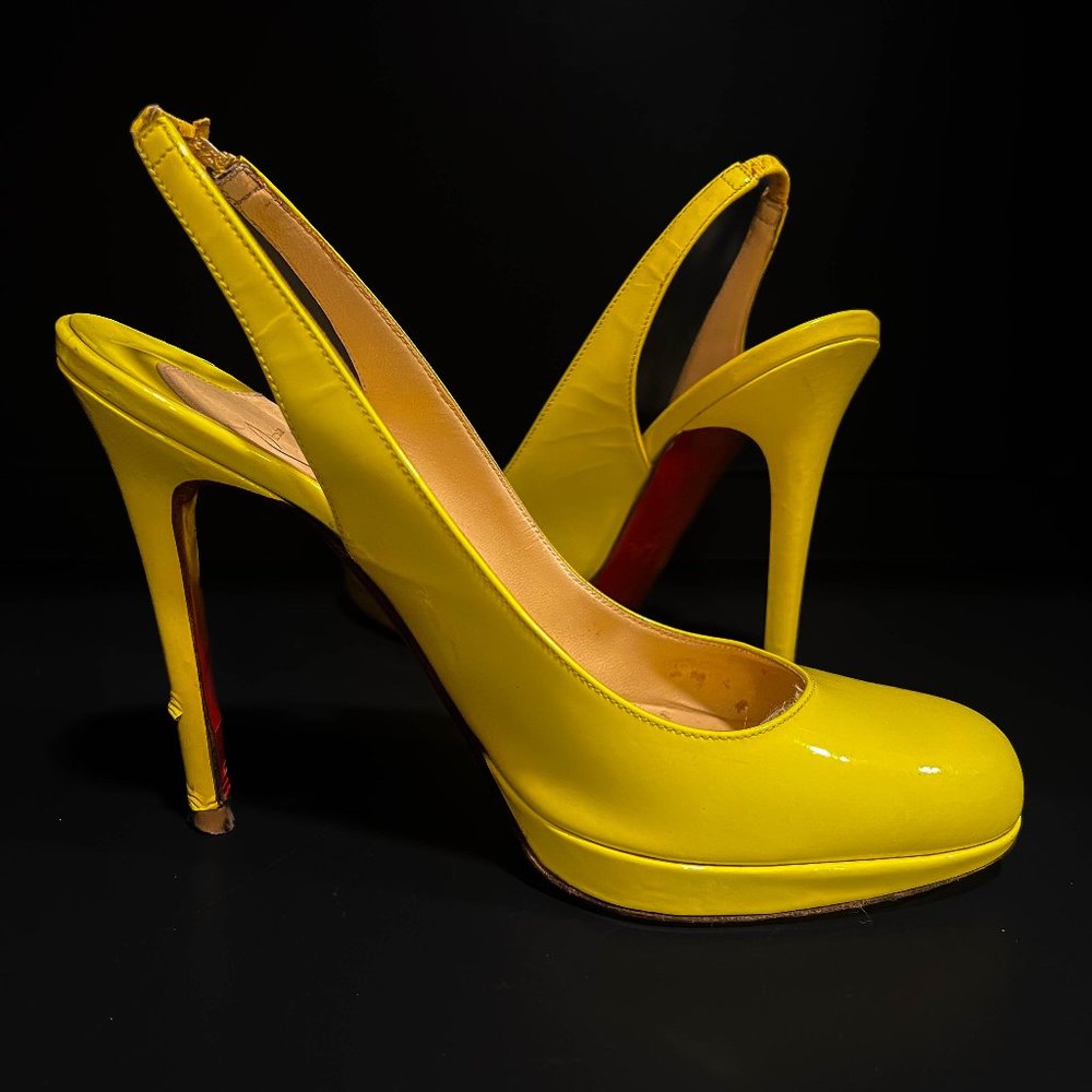 Christian Louboutin Yellow Patent Leather Sling-Back Pumps